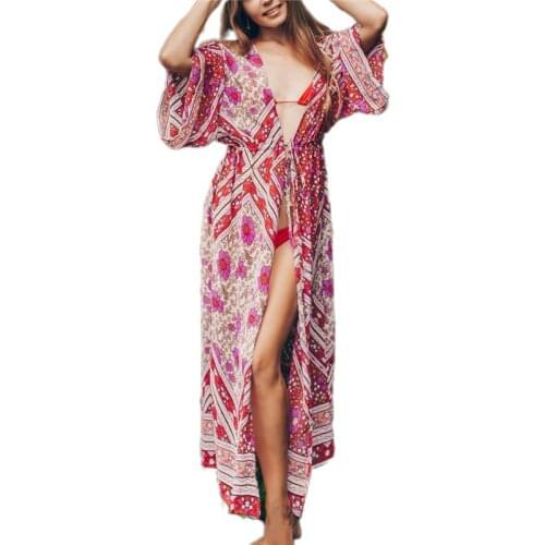 Sexy Women Geometric Print Summer Dress Lace-up Smock Floral Beach Outer Wear Summer Ladies UV-Protection Cardigan