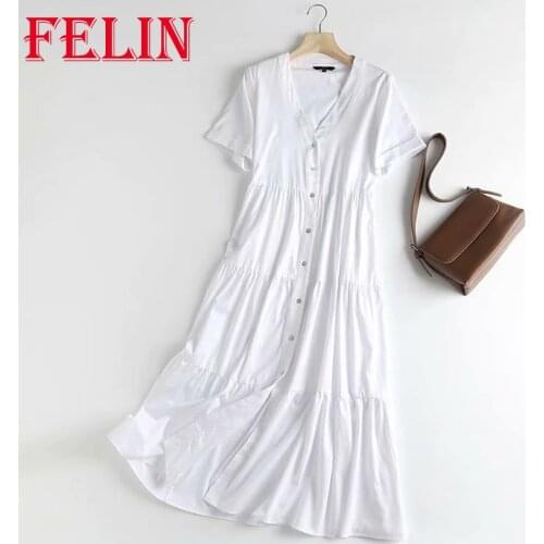 Za 2021 Women Chic White Elegant Midi Shirt Dress Short Sleeve V Neck Single Button Ruffles Dress Elegant Mujer Vestidos