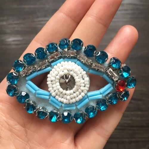 1PCS Blue Eye Handmade Sewing on Rhinestones Beaded Patches for Clothes DIY Apparel Sewing Accessories LSHB453