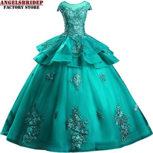 ANGELSBRIDEP Sheer Neck Quinceanera Dresses Vestidos De 15 Anos Appliques Floor-Length Tulle Cinderella Birthday Party Gowns