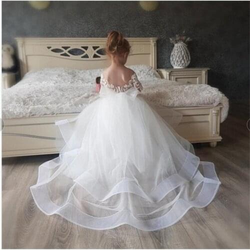 White Lace Flower Girl Dresses With Organza Train First Communion Toddler Birthday Princess Special Occasion Gowns Ball Gown