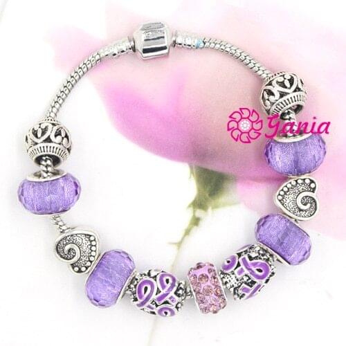 New Arrival Cancer Awareness Jewelry DIY European Style Pancreatic Cancer Purple Ribbon Bracelet for Pancreatic Cancer Awareness