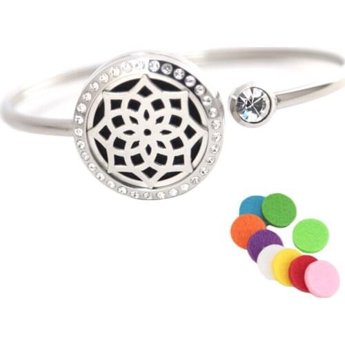 10Pcs Lotus Flower Bracelet Bangle Aromatherapy 25mm Magnet Crystal Stainless steel essential oil diffuser locket bracelet