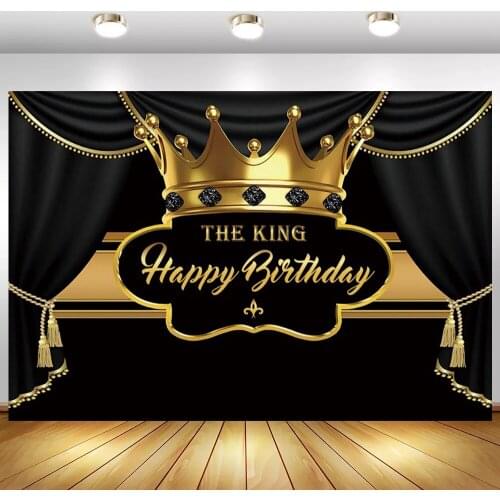 Black Curtain Gold King Crown Happy Birthday Photography Backdrops For Adult Children Family Party Dinner Table Decor Background