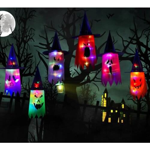 Halloween Hanging Hat Glowing Ghost Hat Lights Decoration Glowing Witch Hat Halloween Party Props for Outdoor Yard Tree Decor