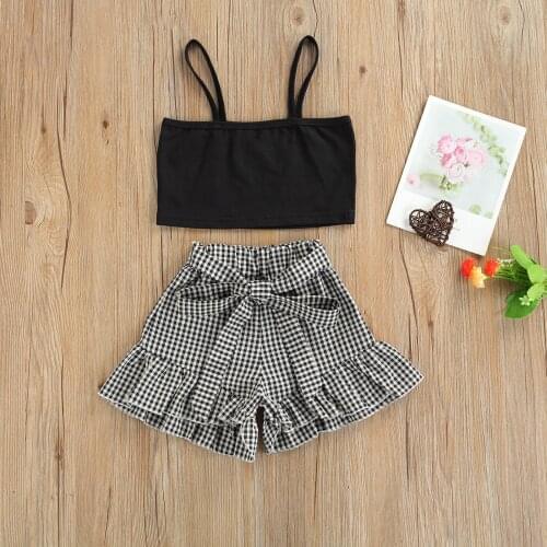 2pcs Outfits Fashion Summer Clothing Kids Baby Girls Fashion Outfit Set Sleeveless Tops+Plaid Shorts Set Children Girls 1-6Y
