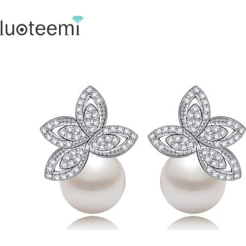 LUOTEEMI 2016 New Women Femal High Quality Jewelry White Gold Color Crystal Rhinestone Imitation Pearl CZ Flower Drop Earrings