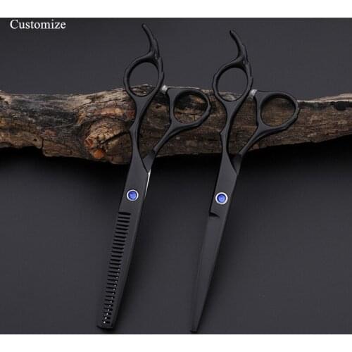 Customize logo Japan steel 6 '' Frosted black hair scissors make up cutting barber haircut thinning shears hairdressing scissors