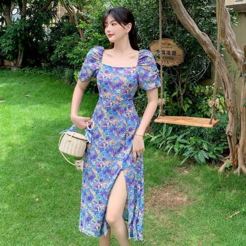Floral Dresses Women Summer Mid-Calf Square Collar Empire Sayas Largas De Mujer Harajuku Side-slit All-match Daily Classic Lady