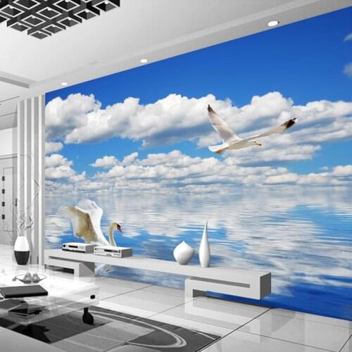 Beibehang Custom 3D Photo HD Swan Seagull Blue Sky And White Clouds Sea Sofa TV Backdrop Wall Mural Wallpaper Papel De Parede 3D