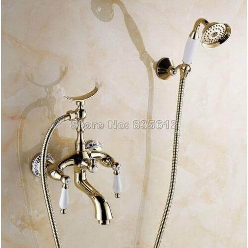 Luxury Gold Color Brass Wall Mounted Bathroom Handheld Shower Faucet Dual Ceramic Handle Tub Mixer Tap Spout Wtf415