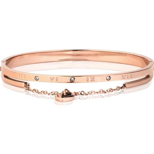Heart Charm Elegant Bangle Bracelet For Women Rose Gold Color Stainless Steel Stellux Austrian Crystal With Roman Letter