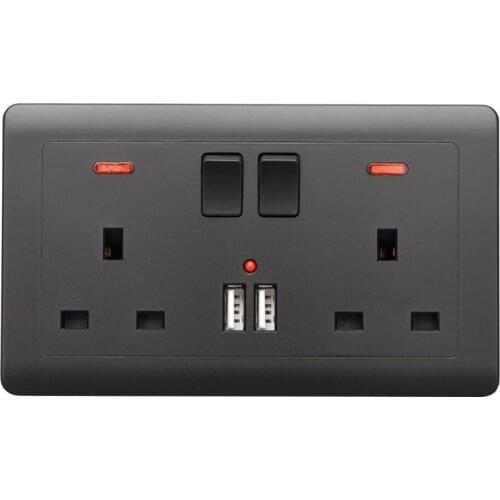 UK Plug Wall Switch Double Sockets 2 Gang 13A with 2 USB Charging Ports Black