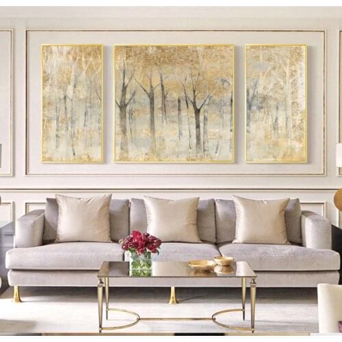 Modern Canvas Painting Light Luxury Gold Trees Abstract Tripartite Posters Wall Art Pictures For Living room BedroonDecoration