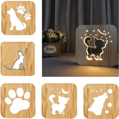 LED USB Night Light Wooden Dog Paw Cat Wolf Head Animal Lamp Novelty Kid Bedroom 3D Decoration Table Lights Child Gift