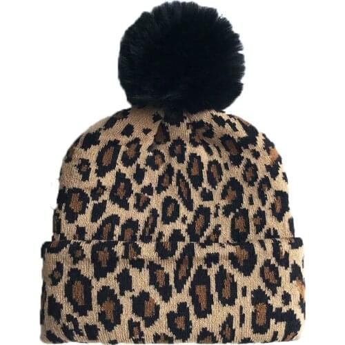 Women Winter Leopard Print Acrylic Knit Warm Crimping Dome Melon Hat Female Warmer Fashion Casual Street Dance Hairball Cap R41