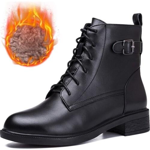 Autumn Winter Ankle Women Boot Shoe Genuine Leather Warm Wool Short Plush Elegant Large Size Footwear Boots Black Lace Up A76
