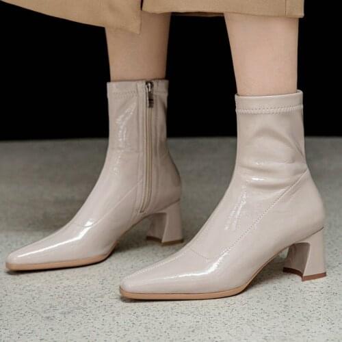 Spring Autumn Stretch Boots Fashion Patent Leather Women Boots Chunky High Heel Ankle Boots Winter Plush Zipper Woman Shoes