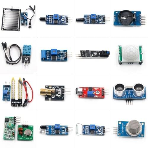 16pcs/lot Raspberry pi 2 3 the sensor module package HC-SR04 501 DHT11 DS3231 KY-008 Sound Rain Soil sensor for arduino kit