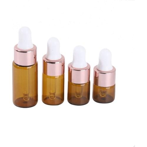 24pcs 1ml 2ml 3ml Sample Bottle Vial Small Amber Glass Dropper Bottles With Rose Gold Cap Essential Oil Perfume e Liquid Bottle