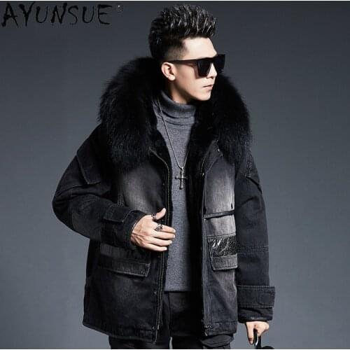 AYUNSUE Mens Denim Jacket Winter Jackets for Men Fashion Real Rabbit Fur Coat 100% Raccoon Eur Collar Parka Chaquetas LXR842