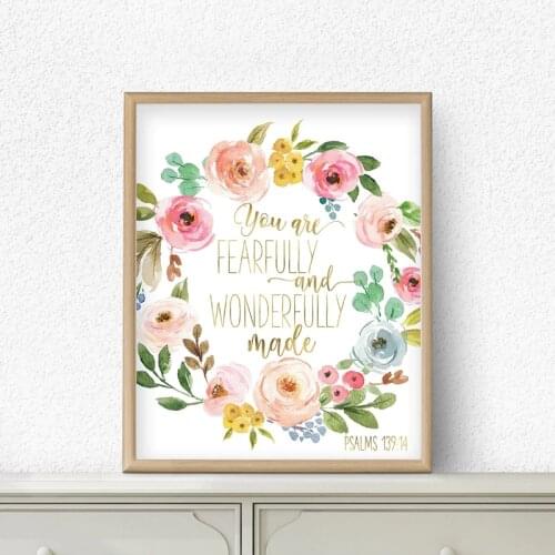 Bible Verse Psalm 139:14 Scripture Nursery Wall Art Canvas Painting Pictures Watercolor Flowers Prints Poster Baby Girl Decor