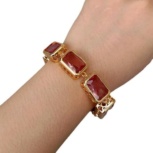 YYGEM 8" Red Color Rectangle Shape Crystal Gold plated Chain Bracelet Fashion Jewelry