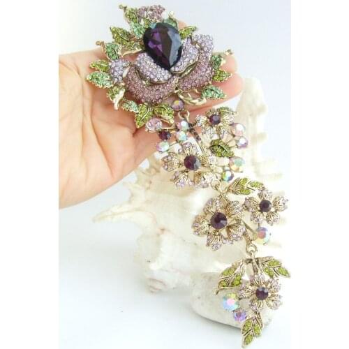 7.5" Gorgeous Flower Brooch Pin Pendant Purple Rhinestone Crystal EE04705C3