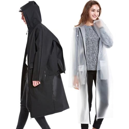 New fashion wholesale adult good quality long EVA Thick Rainwear Hiking Tour Hooded backpack Rain Coat with zipper handbag