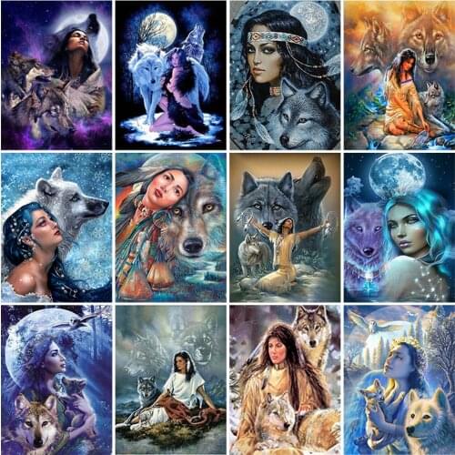 New Arrival Round Drill 5D Diamond Painting Wolf Women Cross Ctitch Diamond Mosaic Embroidery Landscape Animal Mosaic Painting