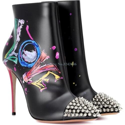 New Arrival Fashion Graffiti Short Boots Black White Leather thin High Heel Ankle Boots Pointed Toe Rivet Stiletto Heel Boots