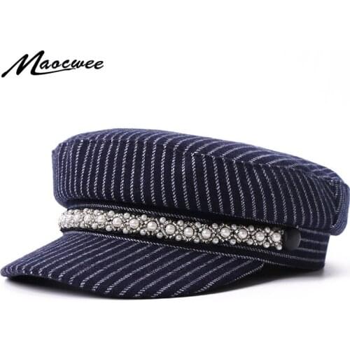 Autumn and Winter Pearl Military Hat Flat Top Hats Cotton Navy Hat Beret Woman Winter Autumn Spring Strip Cap Black Military Hat