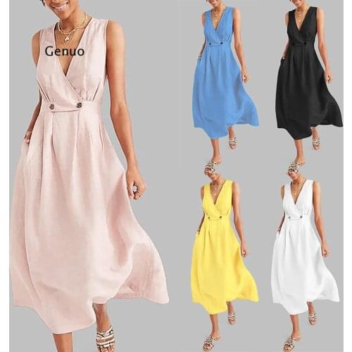 V-neck Sexy Sleeveless Women Dress Solid Color Off Shoulder High Waist A Line Dress Elegant Party Banquet Dress
