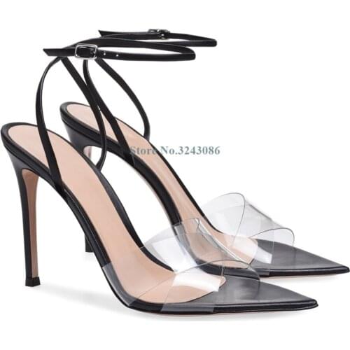 Peep Toe Transparent PVC Buckle Strap Thin High Heel Sandals Nude Red Black Patent Leather Stiletto Heel Sandals Black Suede