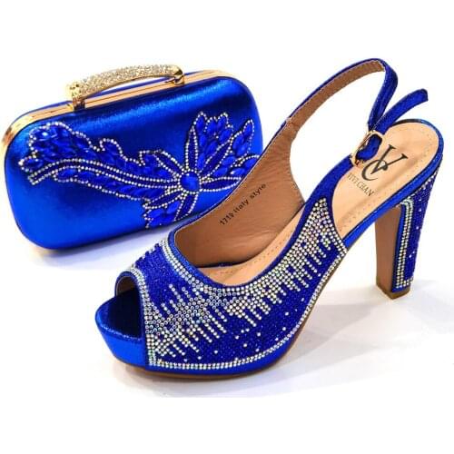 Royal Blue Woman Shoes And Purse Bag Set To Match African High Heels Summer Sandals With Clutch Handbag Sandalias S1719 11cm