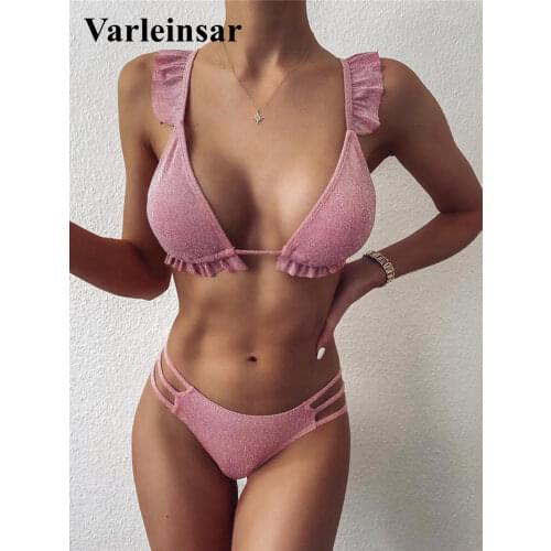 Sexy Ruffle Frilled Glitter Bikini Women Swimwear Female Swimsuit Two-pieces Bikini set Strappy Bather Bathing Suit Swim V2399