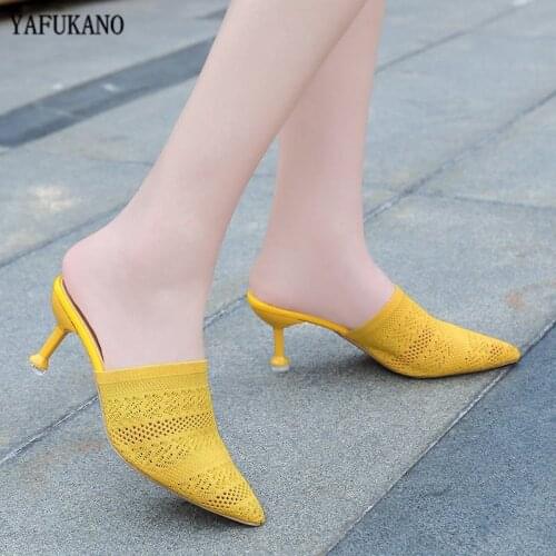 Summer Knitting Pointed Slipper Fashion Women Half Slippers Slides High-Heeled Stilettos Off White Mules Loafers Casual Slipper