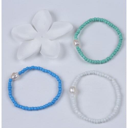 Handcrafted bracelet glass beads 19cm length for sale blue color three rows freshwater pearl bracelets