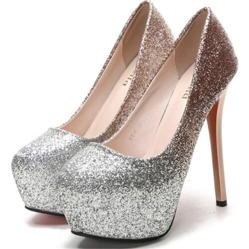 Shoes Woman 10CM Thin High Heels Pumps Sequined Cloth Slip On Round Toe waterproof Rhinestone Bling Party shoes for women 2020