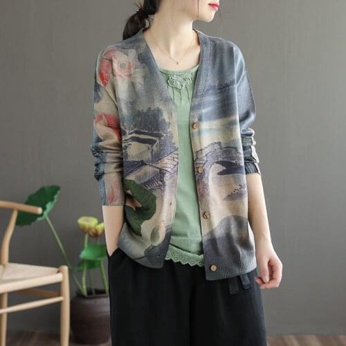 Literary Retro Spring New Wool Knitted Cardigan Female Landscape Painting Printing And Dyeing National Style Shirt Jacket K387