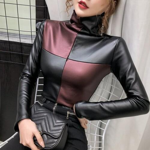Women Autumn PU Faux Leather Plaid T Shirt Top Female Long Sleeve Harajuku Patchwork T-shirt Turtleneck Slim Warm Velvet Tee Top