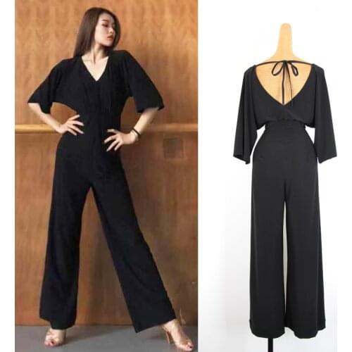 Latin Dance Dress Adults Black Loose Wide Legged Jumpsuit Ladies Rumba Tango Salsa Samba Cha Cha Ballroom Practice Wear DN4072