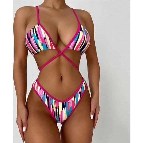 New Sexy Colorful Print Striped Bikini Women Swimwear Female Swimsuit Two-pieces Bikini set Micro Bather Bathing Suit Swim Lady