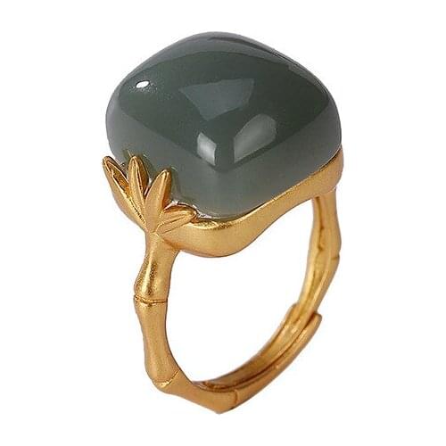 925 sterling silver gold plated Hetian jade ring Qiemo blue retro personality Ruyi bamboo joint ladies ring