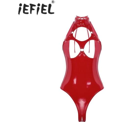 Women Lingerie Wet Look Patent Leather Sexy Sleeveless Jumpsuit Halter Neck Hollow Out Leotard Bodysuit Costume For Club Stage