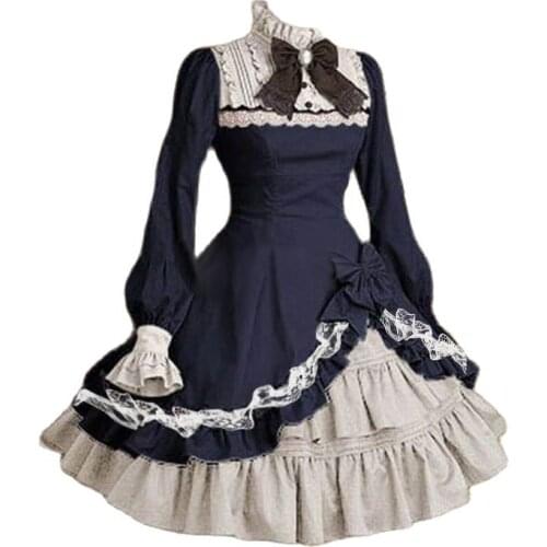 Women Vintage Gothic Court Square Collar Patchwork Bow Lolita Dress Cute Girls Princess Fancy Cosplay Costume