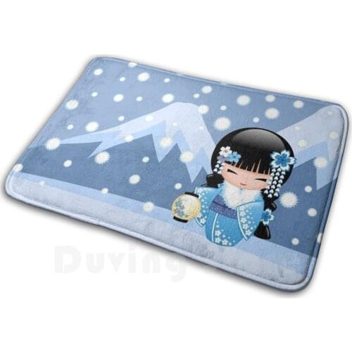 Winter Kokeshi Doll V2 Mat Rug Carpet Anti-Slip Floor Mats Bedroom Winter Kokeshi Doll Geisha Kimono Cute Girly Chibi Kawaii
