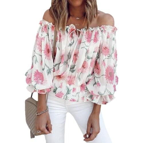 White Floral Print Off the Shoulder Blouse Women Sexy Casual Flowers Bloom Sweetly Romantic Ruffles Blouse Tops