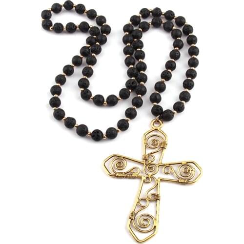 Free Shipping Fashion Black Lava Stones Bohemian Tribal Jewelry Metal Cross Necklace
