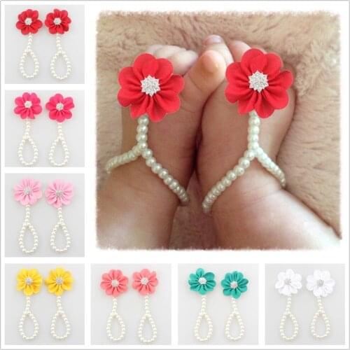 Newborn Infant Girls Pearl Barefoot Sandals Chiffon Flower Shoes Toddler Foot Decoration One Hundred Days Baby Photography Props